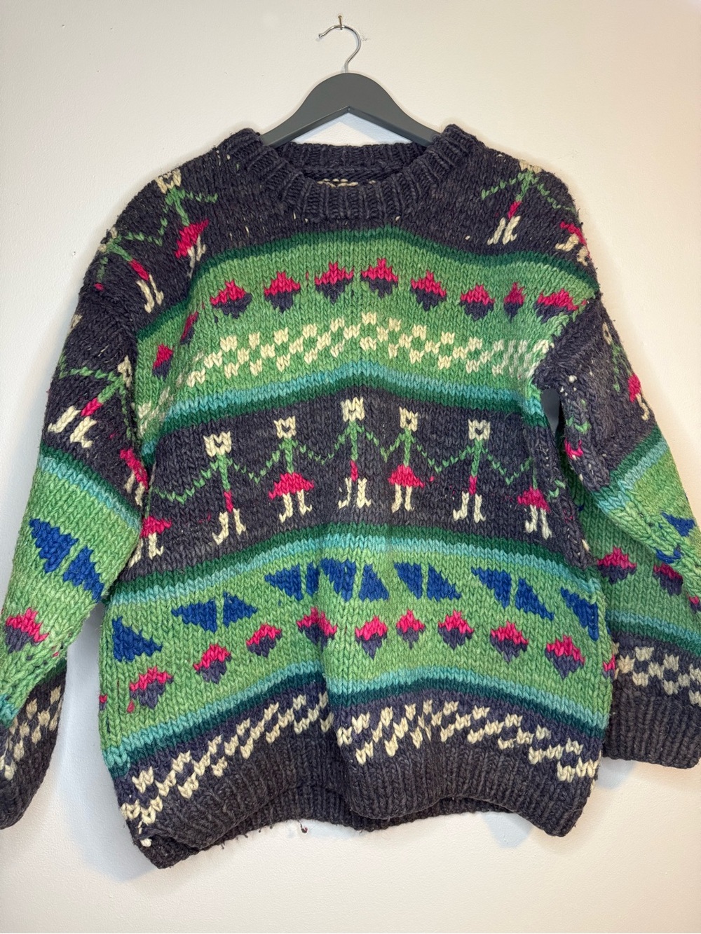 Patterned Crewneck Sweater in Green & Charcoal with Pink Accents